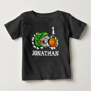 Camiseta Para Bebê T-Rex Basquete Personalizado 1º Aniversário Dino