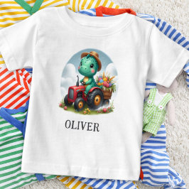 Camiseta Para Bebê T-Rex Dinossauro Fofo Dirigindo um Trator Vermelho