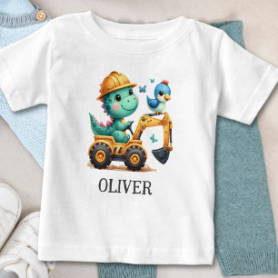 Camiseta Para Bebê T-Rex Dinossauro Fofo Dirigindo um Veículo de Cons