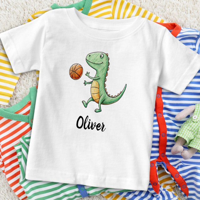 Camiseta Para Bebê T-Rex Fofo Jogando Basquete (Criador carregado)