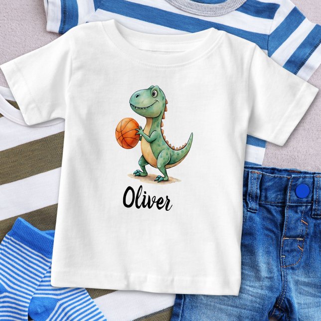 Camiseta Para Bebê T Rex Fofo Jogando Basquete Personalizado (Criador carregado)
