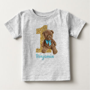 Camiseta Para Bebê T-Shirt Bebê primeiro aniversario Azul e Dourado