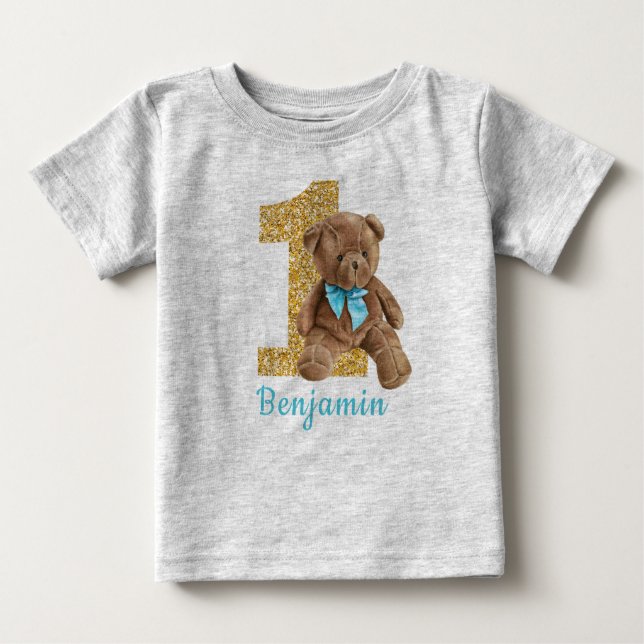 Camiseta Para Bebê T-Shirt Bebê primeiro aniversario Azul e Dourado (Frente)
