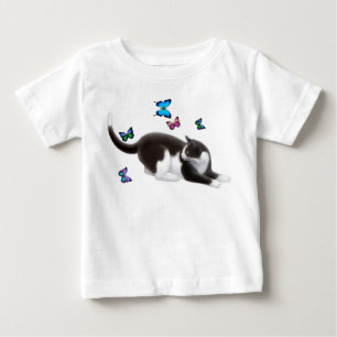 Camiseta Para Bebê T-shirt da criança do gato da borboleta