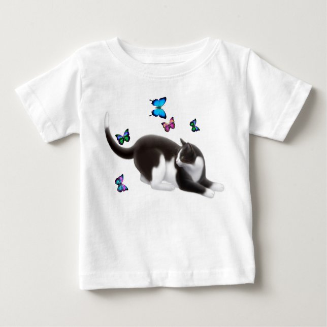 Camiseta Para Bebê T-shirt da criança do gato da borboleta (Frente)