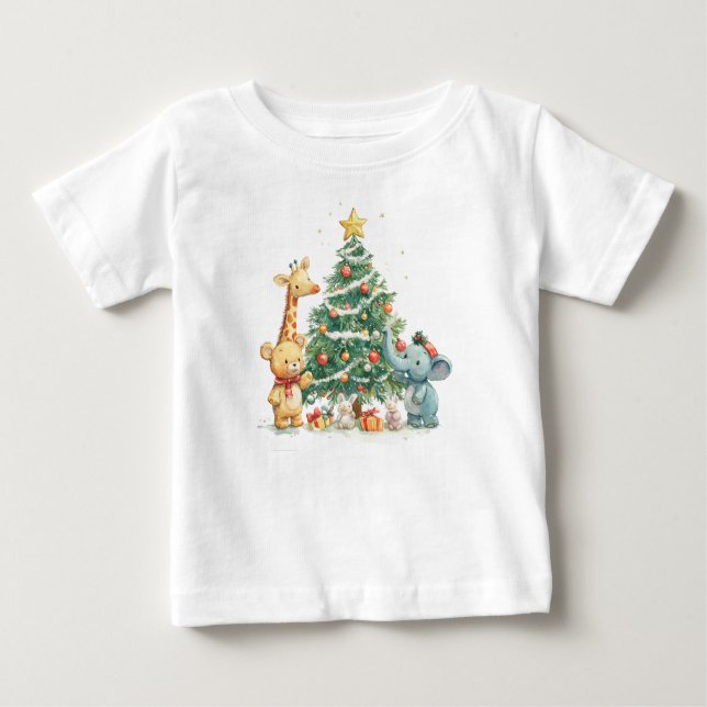 Camiseta Para Bebê T-Shirt de Amigos de Animais de Natal (Frente)