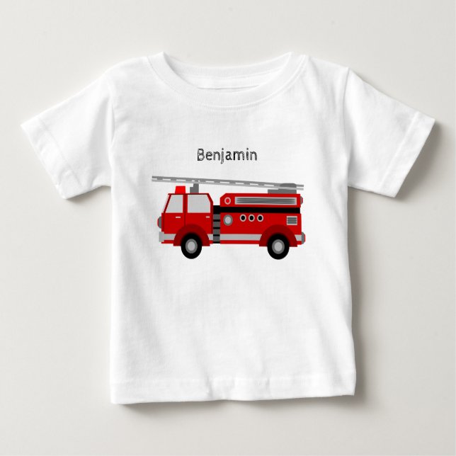 Camiseta Para Bebê T-shirt do bebê com carro de bombeiros e nome (Frente)