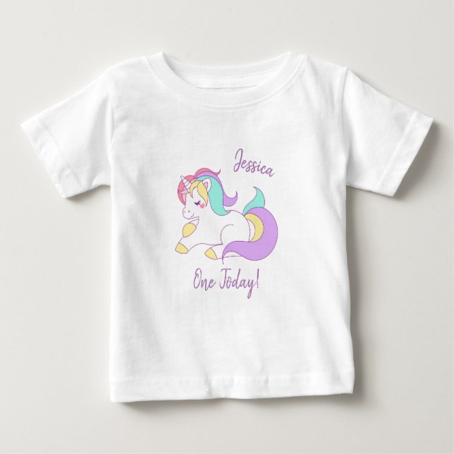 Camiseta Para Bebê T-shirt do unicórnio um hoje (Frente)