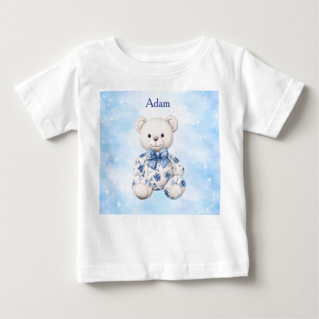 Camiseta Para Bebê T-Shirt-Editable Blue Chinoserie  Baby Shower  (Frente)