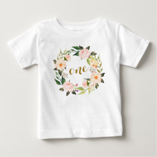 Camiseta Para Bebê T-shirt floral cor-de-rosa do primeiro aniversári