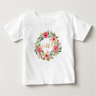 Camiseta Para Bebê T-shirt floral cor-de-rosa do primeiro aniversário