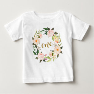 Camiseta Para Bebê T-shirt floral cor-de-rosa do primeiro aniversário