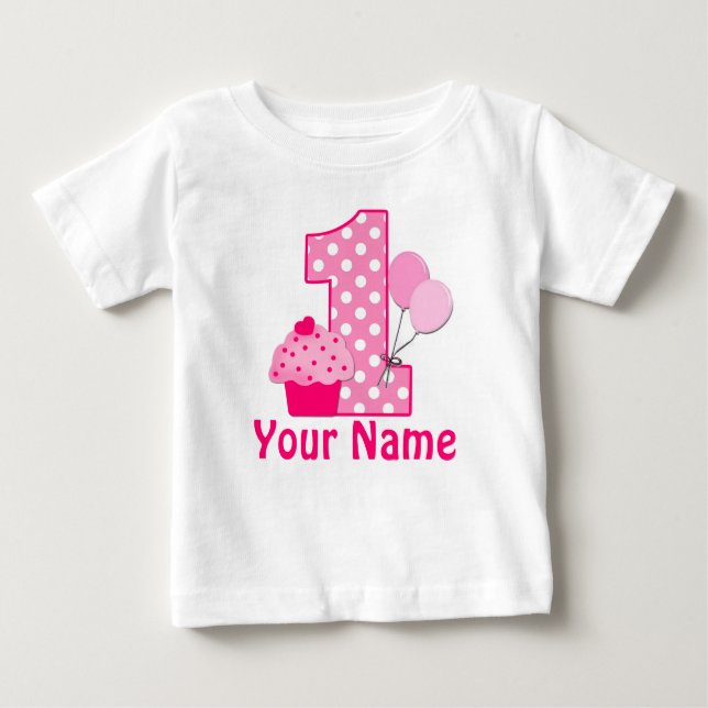 Camiseta Para Bebê T-shirt personalizada rosa do Cupcake do primeiro  (Frente)