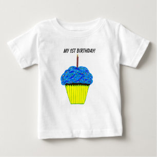 Camiseta Para Bebê T-Shirt primeiro aniversario Azul-Cupcake-Grafo