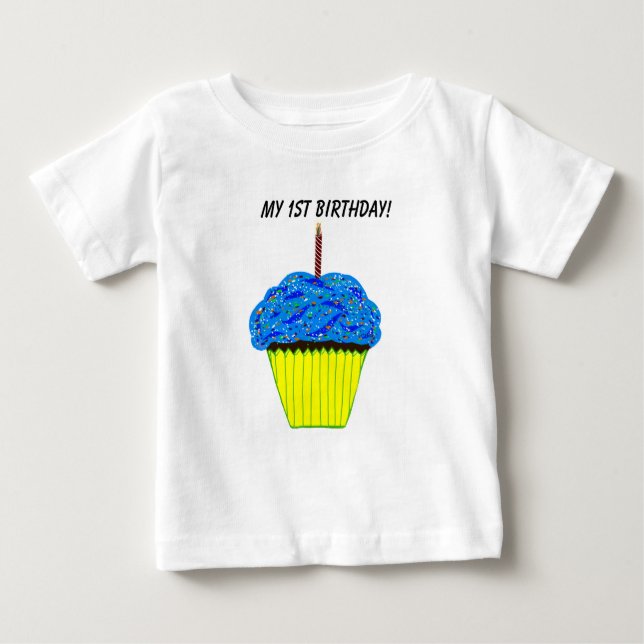 Camiseta Para Bebê T-Shirt primeiro aniversario Azul-Cupcake-Grafo (Frente)