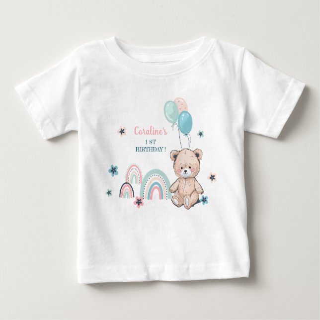 Camiseta Para Bebê T-Shirts primeiros aniversarios com um ursinho bon (Frente)