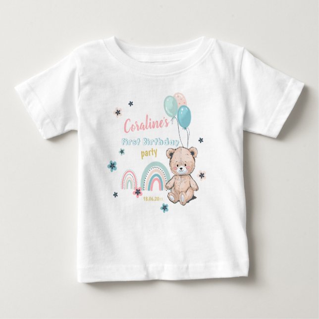 Camiseta Para Bebê T-Shirts primeiros aniversarios com um ursinho bon (Frente)