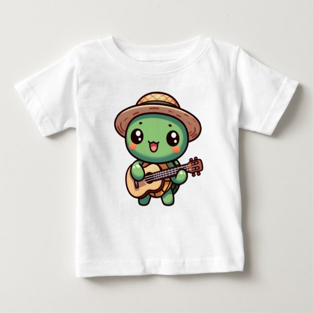 Camiseta Para Bebê Tartaruga Chibi Cuja Tocação Toca Violão (Frente)