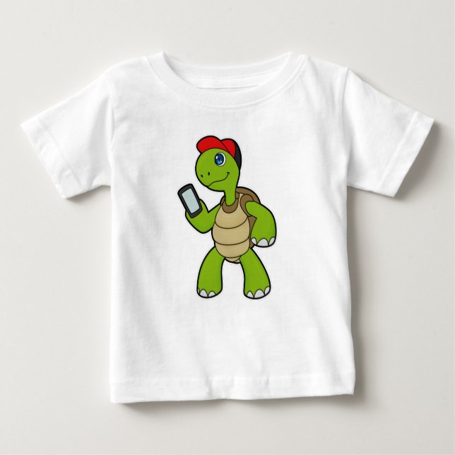 Camiseta Para Bebê Tartaruga com telefone e chapéu (Frente)