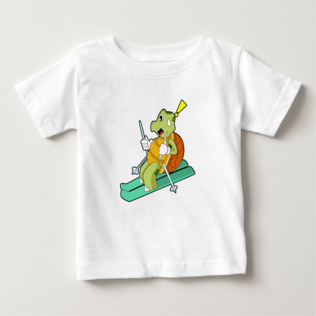 Camiseta Para Bebê Tartaruga como esquiadora com esqui (Frente)