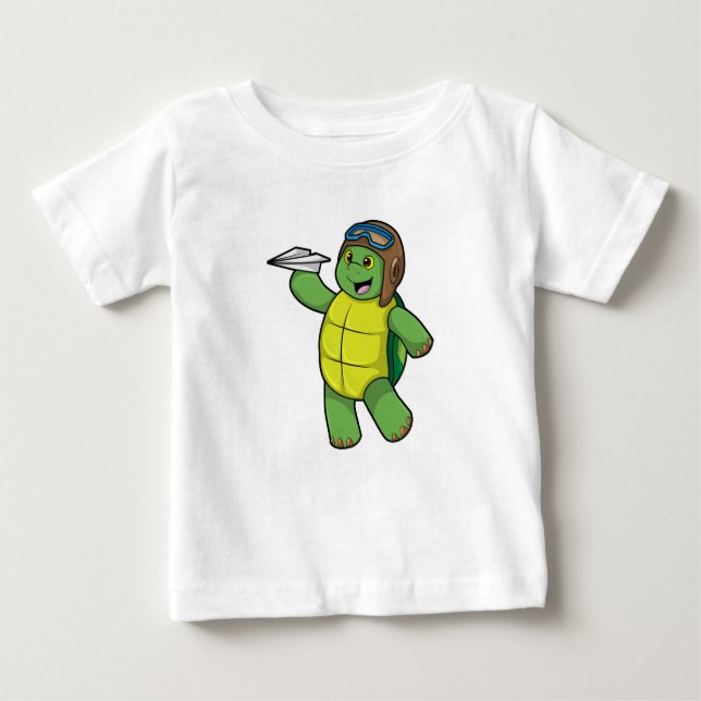 Camiseta Para Bebê Tartaruga como piloto com avião em papel (Frente)
