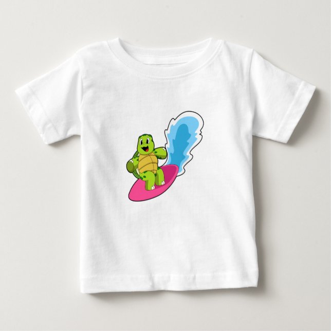 Camiseta Para Bebê Tartaruga como Surfer com Surfboard (Frente)