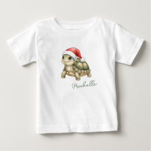 Camiseta Para Bebê Tartaruga de Natal com Chapéu de Papai Noel em Aqu