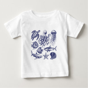 Camiseta Para Bebê Tartaruga de praia de Verão Tubarão de Peixe Octop