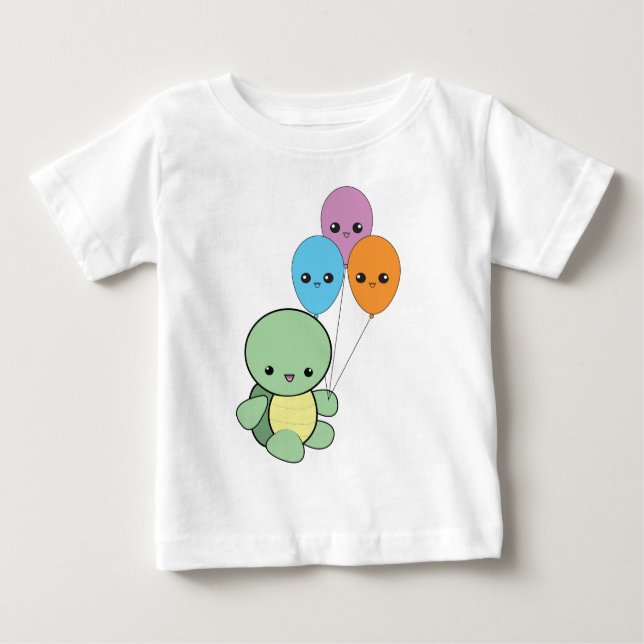 Camiseta Para Bebê Tartaruga do bebê com balões do kawaii (Frente)