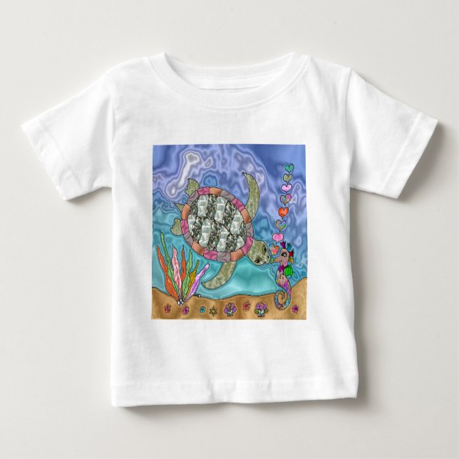 Camiseta Para Bebê Tartaruga do Mar Psicodélica Arte Marítima (Frente)