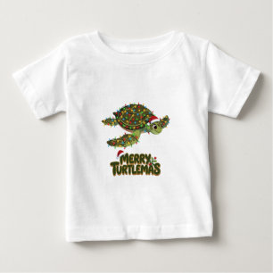 Camiseta Para Bebê Tartaruga Marinha Chapéu do Papai Noel Luzes de Na