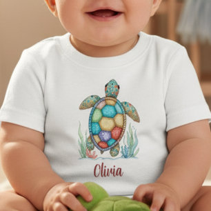 Camiseta Para Bebê Tartaruga Marinha de Patchwork Caprichoso