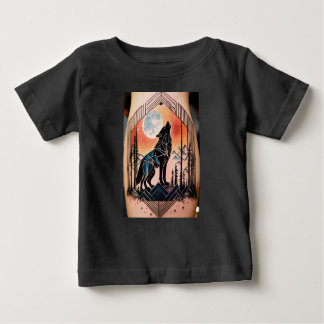 Camiseta Para Bebê Tatuagem Geométrica do Wolf Howling com Paisagem N