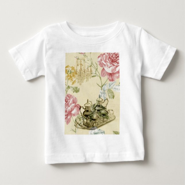 Camiseta Para Bebê Teacup Teapot Paris Tea Party, floral francês (Frente)