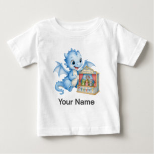 Camiseta Para Bebê Teatro de Fantoches de Dragão Azul Fofo Personaliz