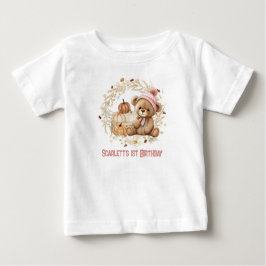 Camiseta Para Bebê Teddy Bear Fall primeiro aniversario Pumpkins Nome