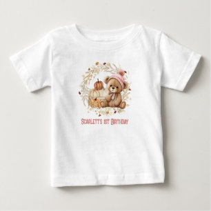 Camiseta Para Bebê Teddy Bear Fall primeiro aniversario Pumpkins Nome