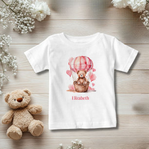 Camiseta Para Bebê Teddy Bear Hot Air Balon Pink Girl Personalizada