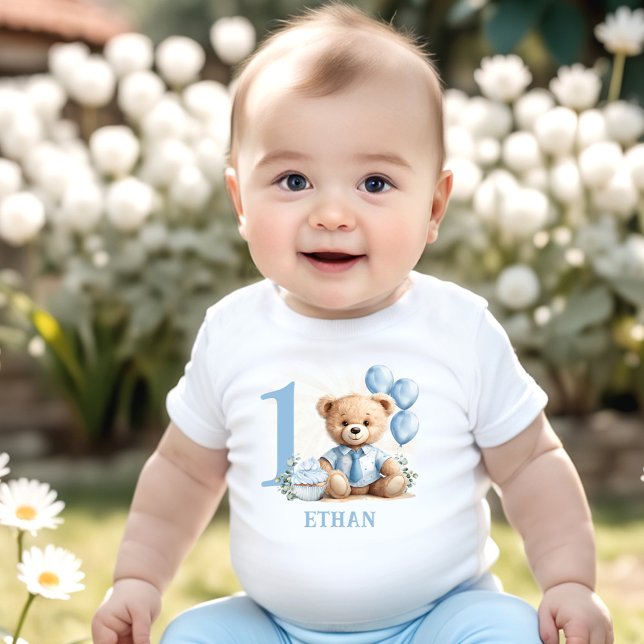 Camiseta Para Bebê Teddy Bear primeiro aniversario Blue Beige Baby T  (Teddy Bear 1st Birthday Blue Beige Baby T-shirt)