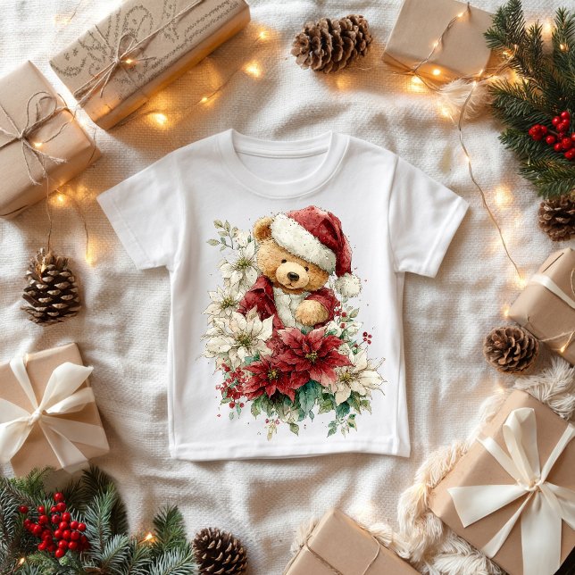 Camiseta Para Bebê Teddy bear Santa Claus with Christmas flowers (Criador carregado)