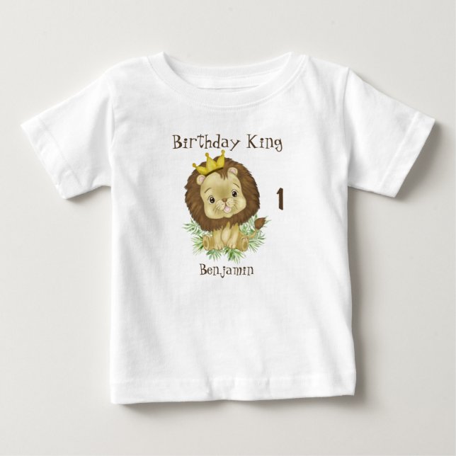 Camiseta Para Bebê Tema de Aniversário de Leão Bebê Fofo Aquarela Rei (Frente)