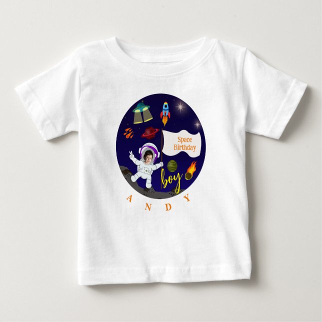 Camiseta Para Bebê Tema do Espaço de Cartoons de Aniversário (Frente)