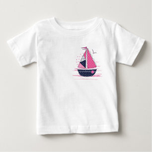 Camiseta Para Bebê Tema Marinho Girly Sailboat Bolinhas Rosa