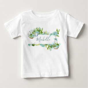 Camiseta Para Bebê Terrário de Vidro Aquarela Suculentas Chá de Bebê