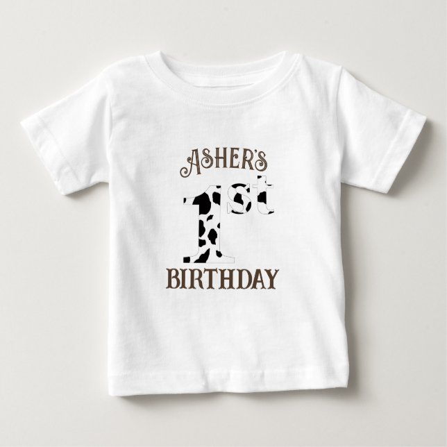 Camiseta Para Bebê Texto castanho Impressão primeiro aniversario  (Frente)