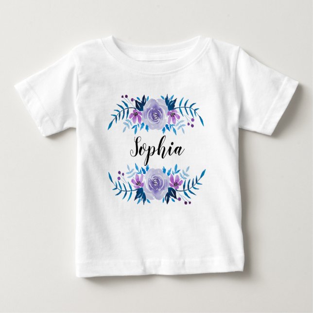 Camiseta Para Bebê Texto Personalizado de Texto Floral Púrpura Azul-C (Frente)
