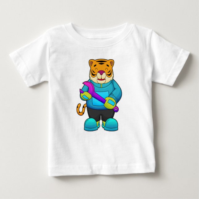 Camiseta Para Bebê Tigre como mecânico com chave inglesa (Frente)