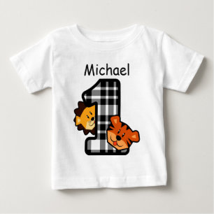 Camiseta Para Bebê Tigre de Xadrez primeiro aniversario e Leão de 1 a