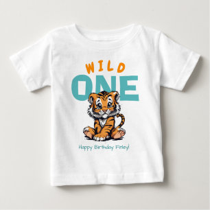 Camiseta Para Bebê Tigre e nome primeiro aniversario de um bebê selva