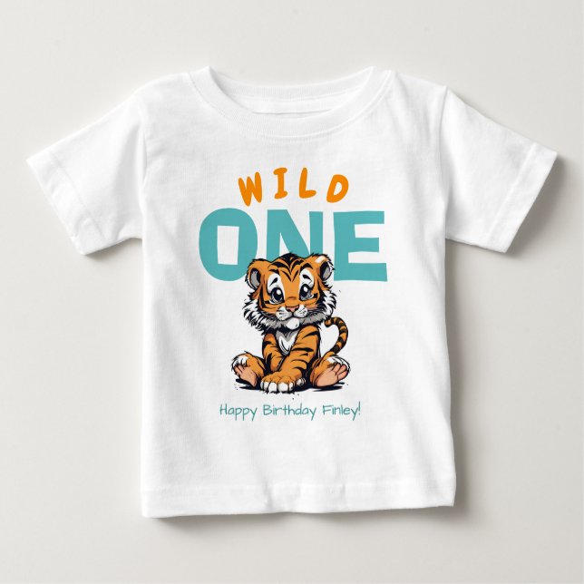 Camiseta Para Bebê Tigre e nome primeiro aniversario de um bebê selva (Frente)